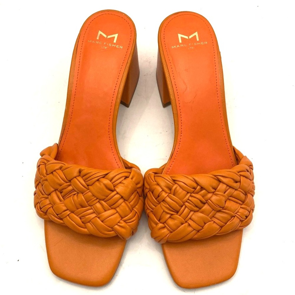 Marc Fisher Orange Nahea Woven Sandals Womens 8.5 M Leather Square Open Toe Heel